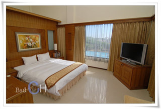 總統套房：房間一樓的主臥床，配上42吋液晶電視。窗外景緻視野絕佳。
